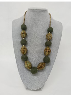 Colier margele lana impaslita, unicat, handmade, Verde/Ceramica