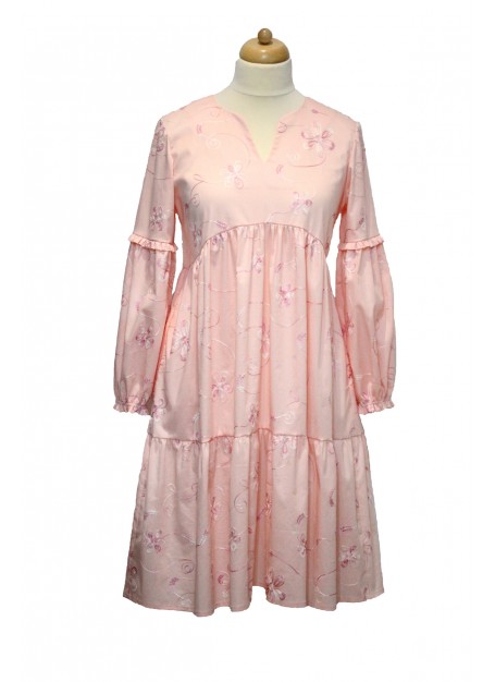 Rochie cu volane si broderie, roz, marimea 42