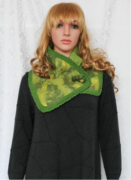 Set esarfa si manusi din lana impaslita si matase naturala, handmade, unicat, Verde-Galben Set esarfa si manusi din lana impaslita si matase naturala, handmade, unicat, Verde-Galben